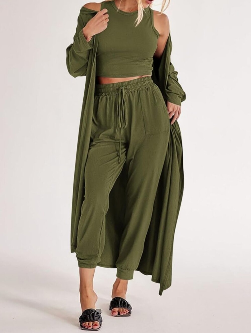Olive Green Women's 3-Piece Lounge Jumpsuit Set - Picture 5 of 7
